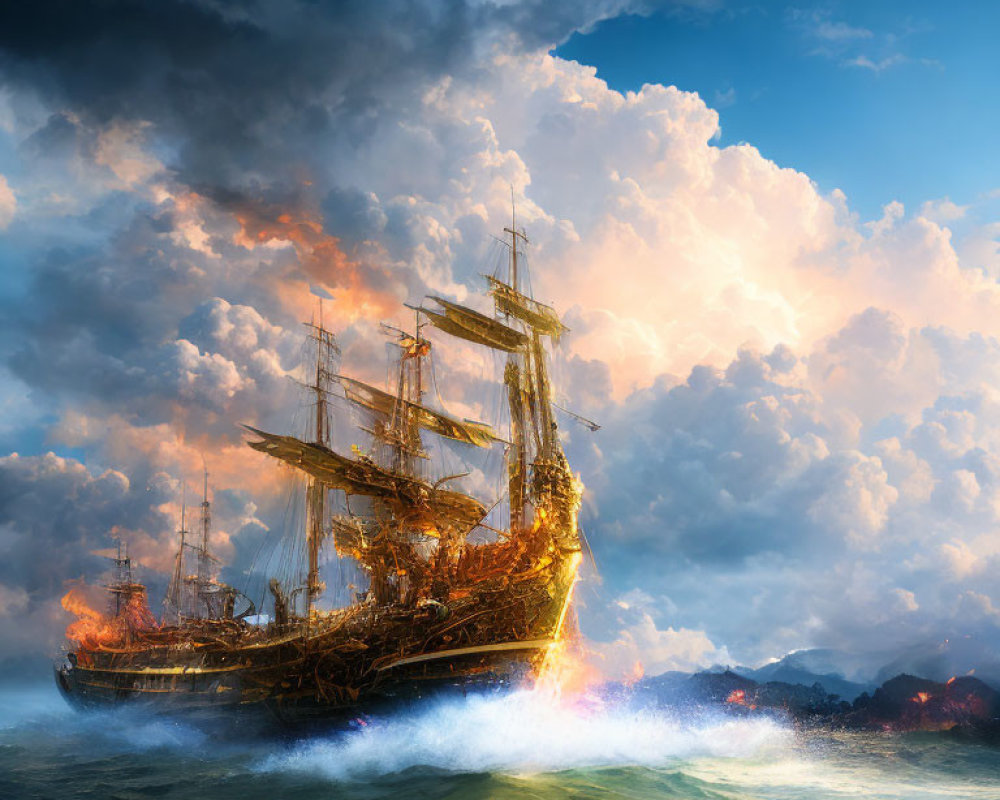 Sailing ship on fire at sea under dramatic sky
