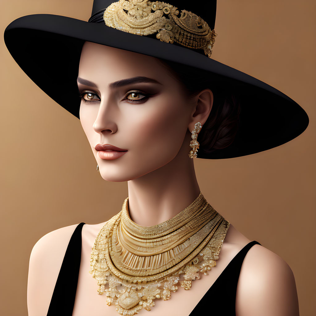Digital Artwork: Woman in Embellished Hat with Gold Jewelry on Tan Background