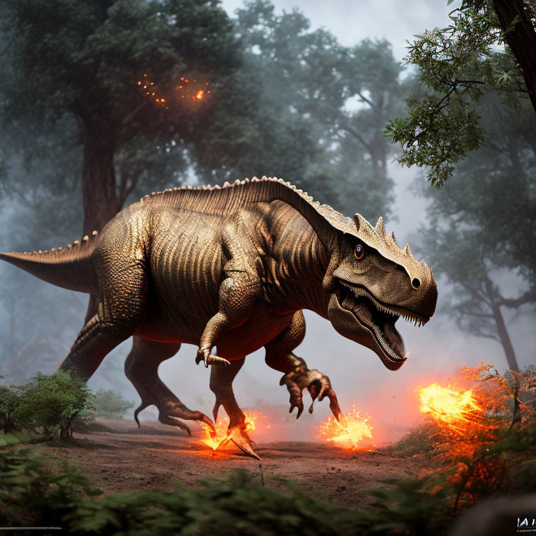 Menacing Tyrannosaurus Rex in Forest with Fires and Embers