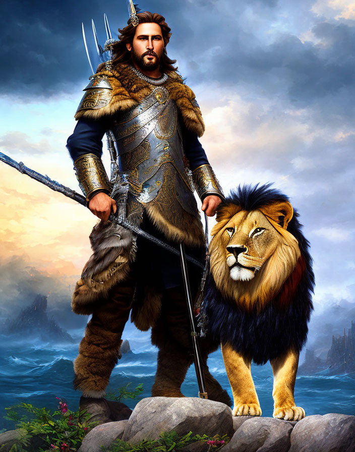 Regal warrior with spear beside majestic lion against dramatic sky and sea.