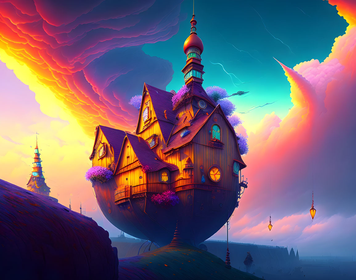 Vibrantly colored whimsical house with spire on hill under dreamy sky
