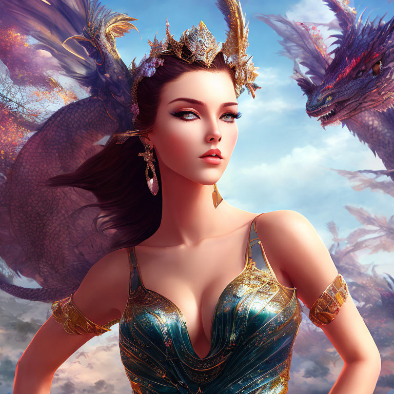 Regal woman in crown and armor with mythical dragons in dramatic sky
