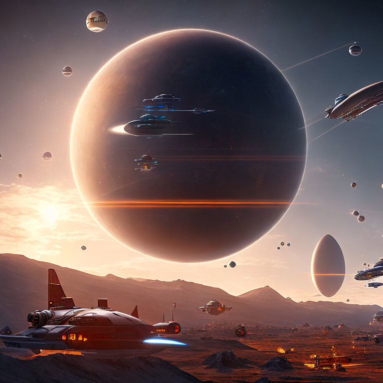 Futuristic landscape with spaceships, planet, and desert settlement at sunset