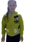 Young girl in green bomber jacket and ponytail against dark background