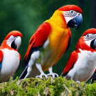Colorful Macaws Perched on Mossy Branch in Green Background