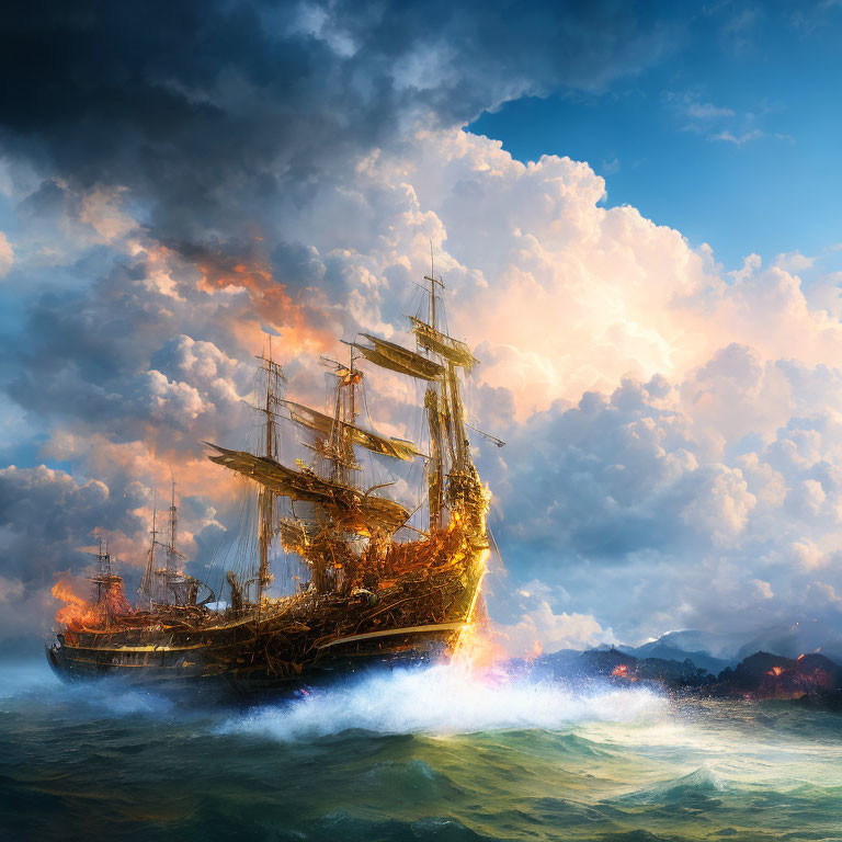 Sailing ship on fire at sea under dramatic sky
