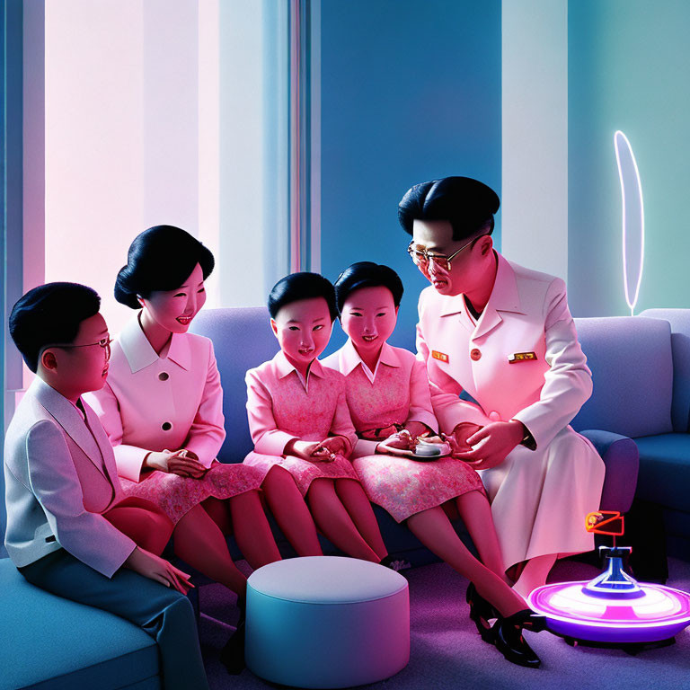 Futuristic family illustration with adults in uniforms and children on couch