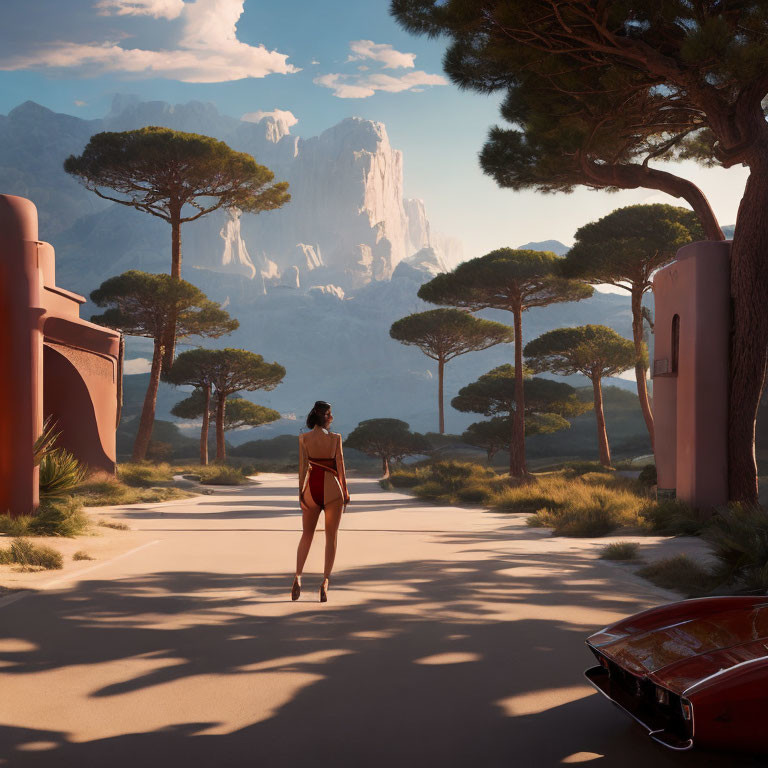 Woman in red outfit walking from classic car towards mountains and retro-futuristic architecture.