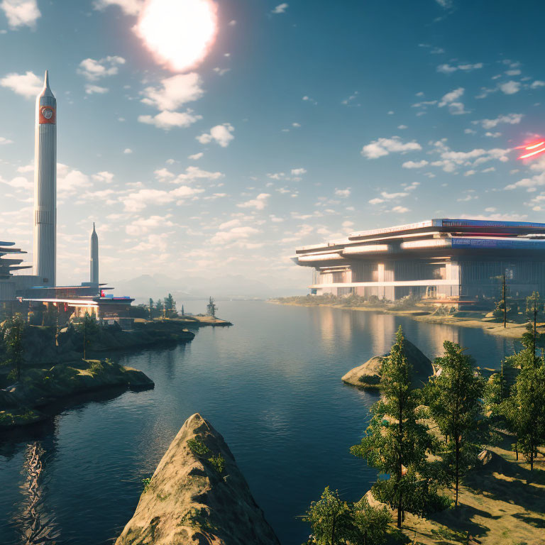 Futuristic cityscape with skyscrapers, greenery, and flying vehicles by a lake