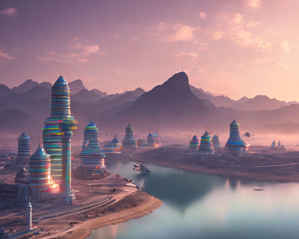 Colorful illuminated towers in serene futuristic cityscape