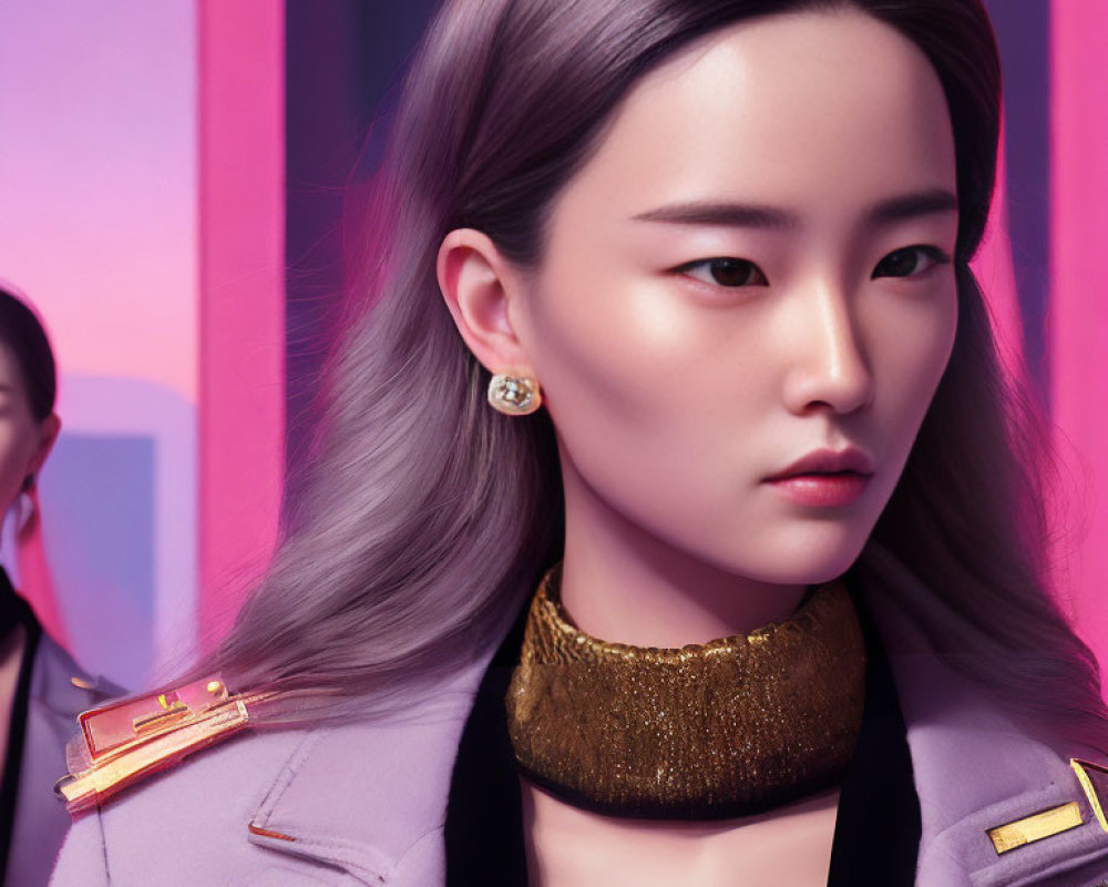 Digital artwork: Woman in purple jacket with gold details on pink background