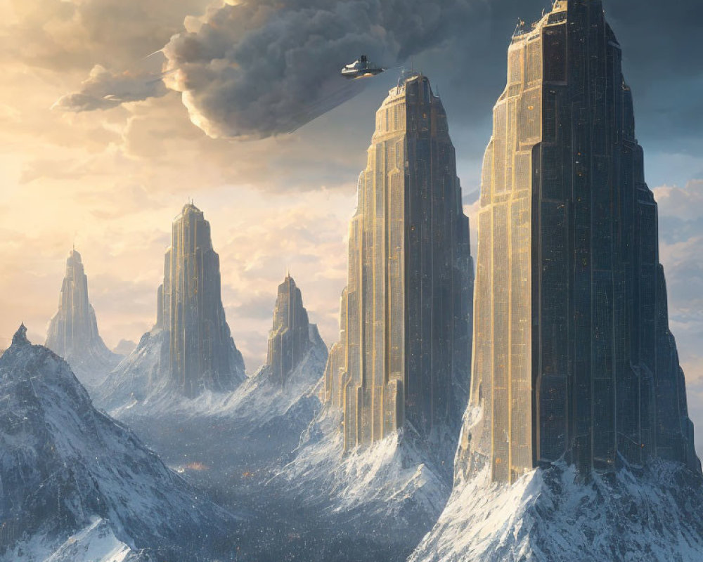 Futuristic cityscape with skyscrapers in snowy mountains under dramatic sky