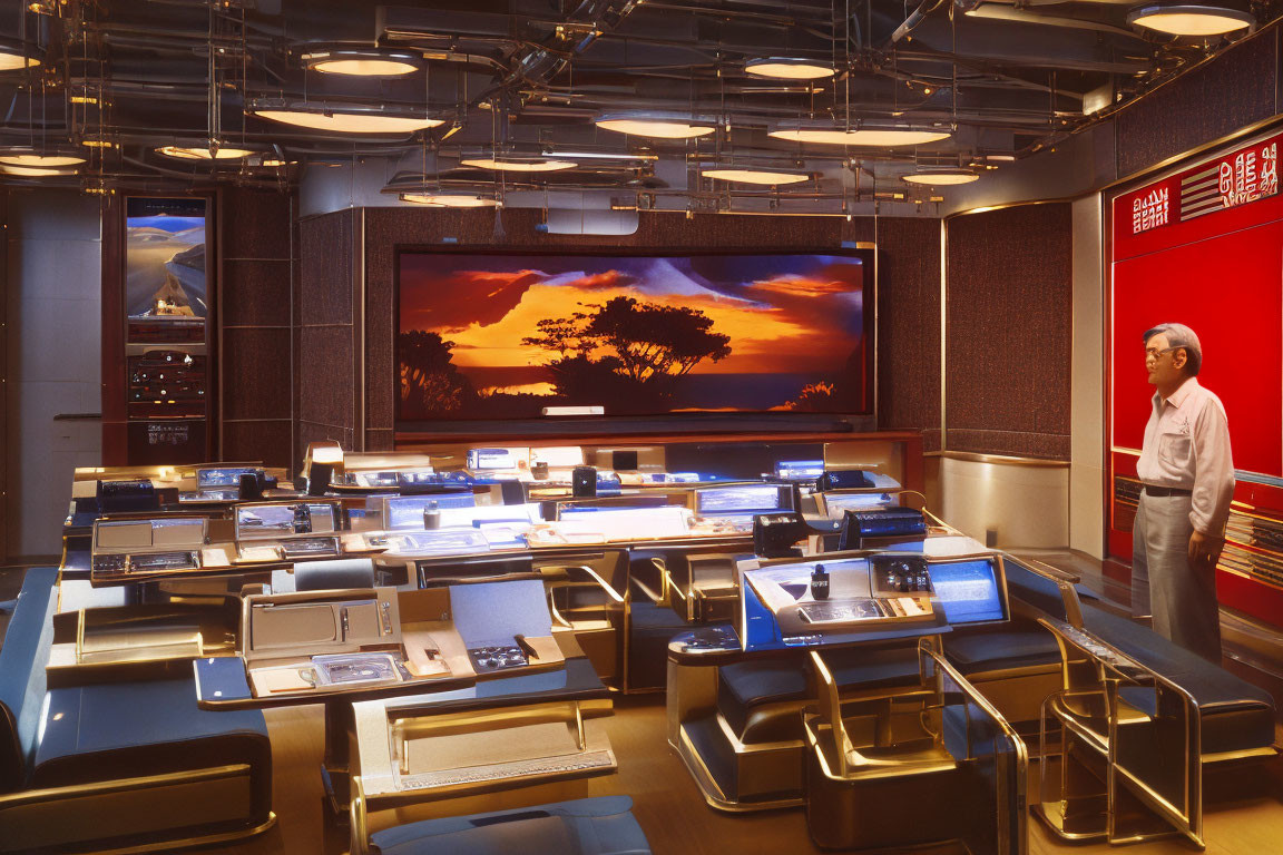 Room with Rows of Desks and Electronic Devices under Circular Lights, Sunset Scene Displayed on Large Screen