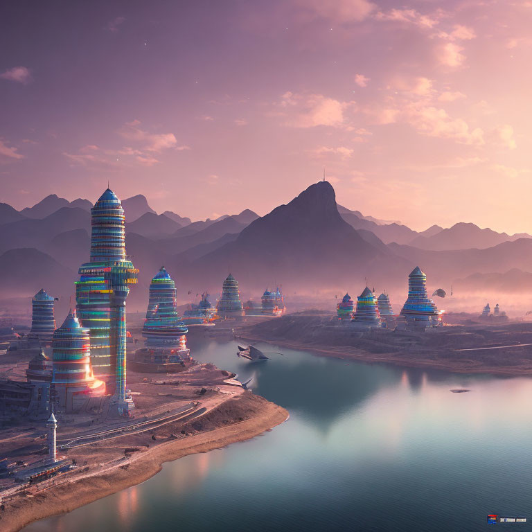 Colorful illuminated towers in serene futuristic cityscape