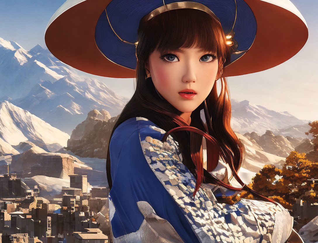 Digital artwork of woman in Asian attire with wide-brimmed hat in snowy mountain setting