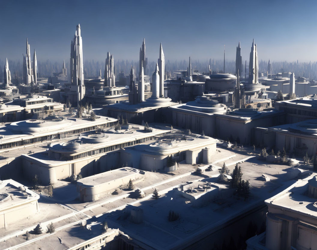 Snow-covered futuristic city with tall skyscrapers under clear blue sky