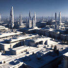 Snow-covered futuristic city with tall skyscrapers under clear blue sky