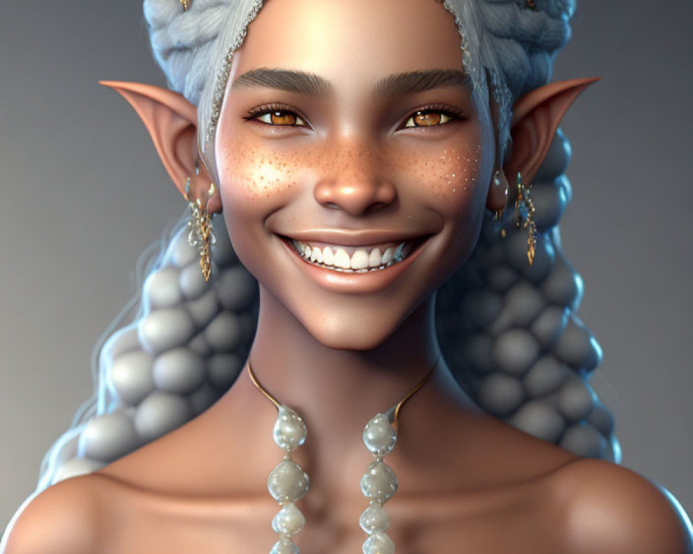 Fantasy character with white braided hair, pointed ears, freckles, gold tiara.