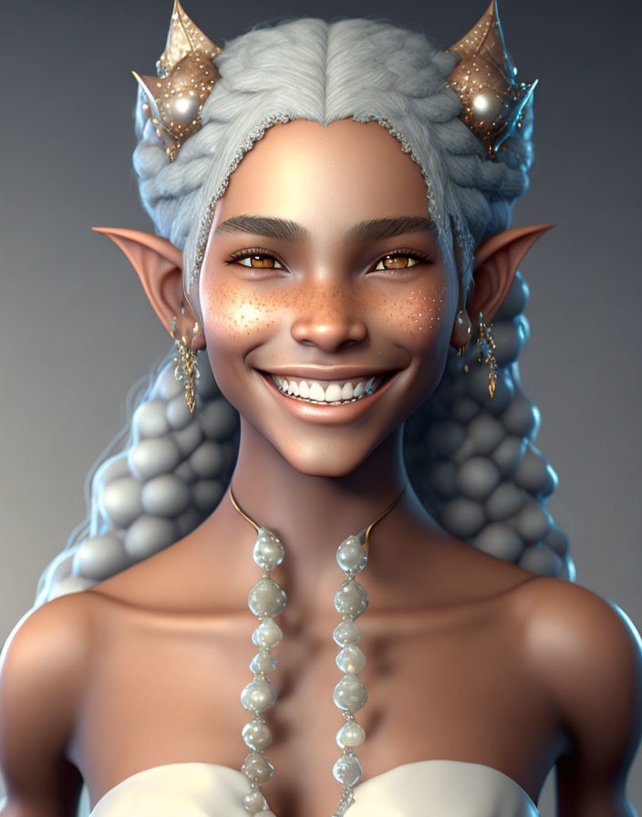 Fantasy character with white braided hair, pointed ears, freckles, gold tiara.