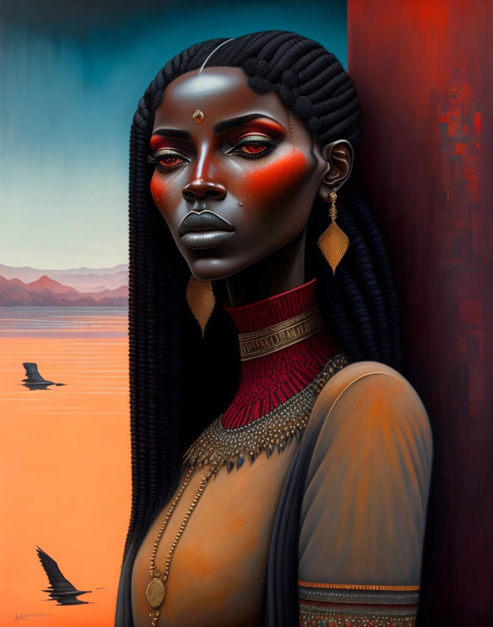 Ebony-skinned woman portrait with red makeup and gold jewelry in desert landscape.