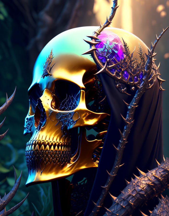 Golden Skull with Jeweled Crown and Thorns in Mystical Forest Setting