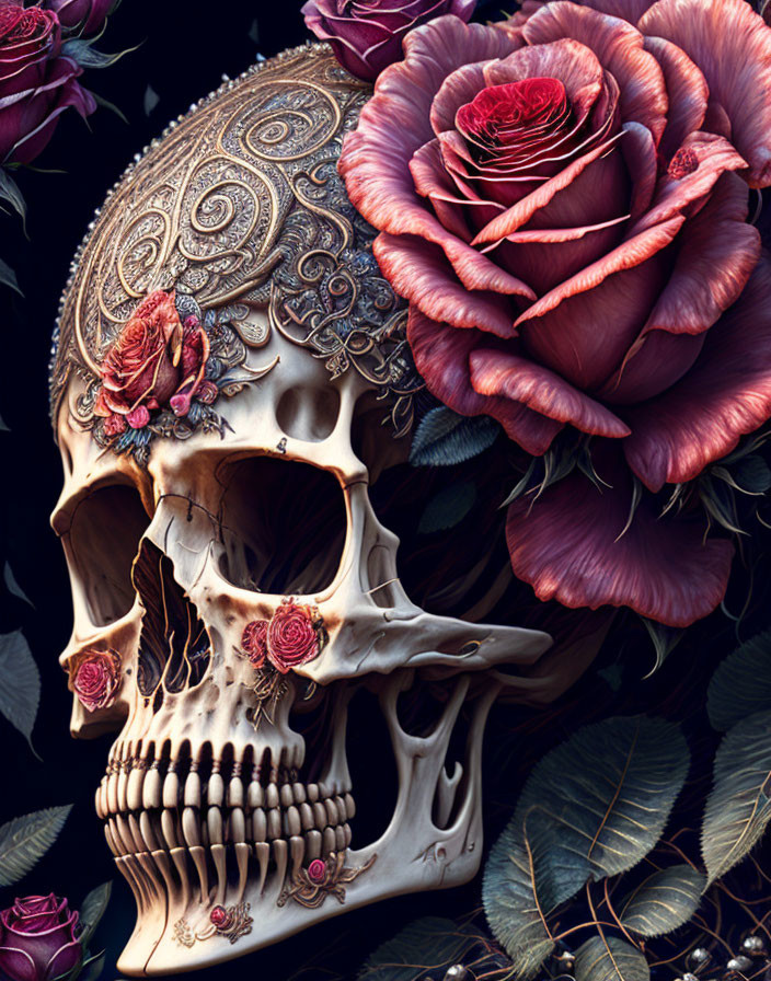 Intricately Patterned Skull with Red Roses on Dark Background