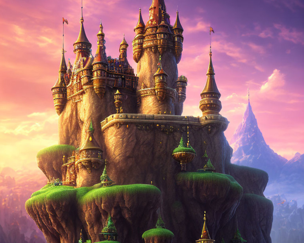 Fantastical Castle on Steep Cliff with Purple Skies