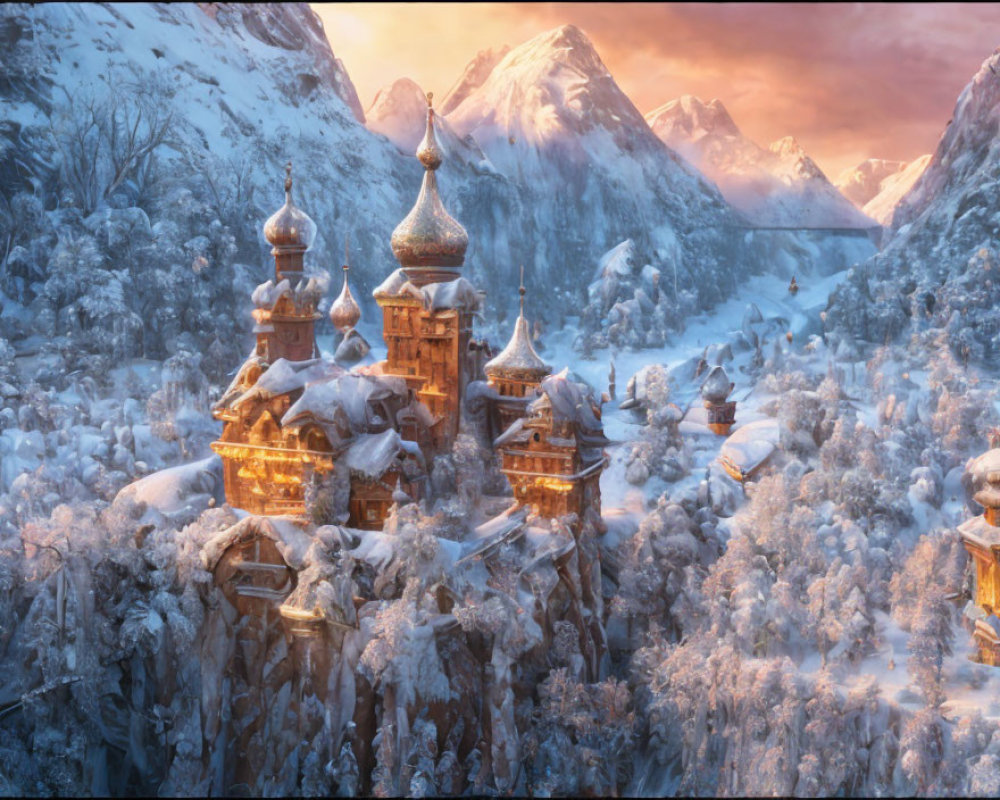 Snow-covered castle in winter landscape with ornate towers and golden-lit mountain peaks at sunset.