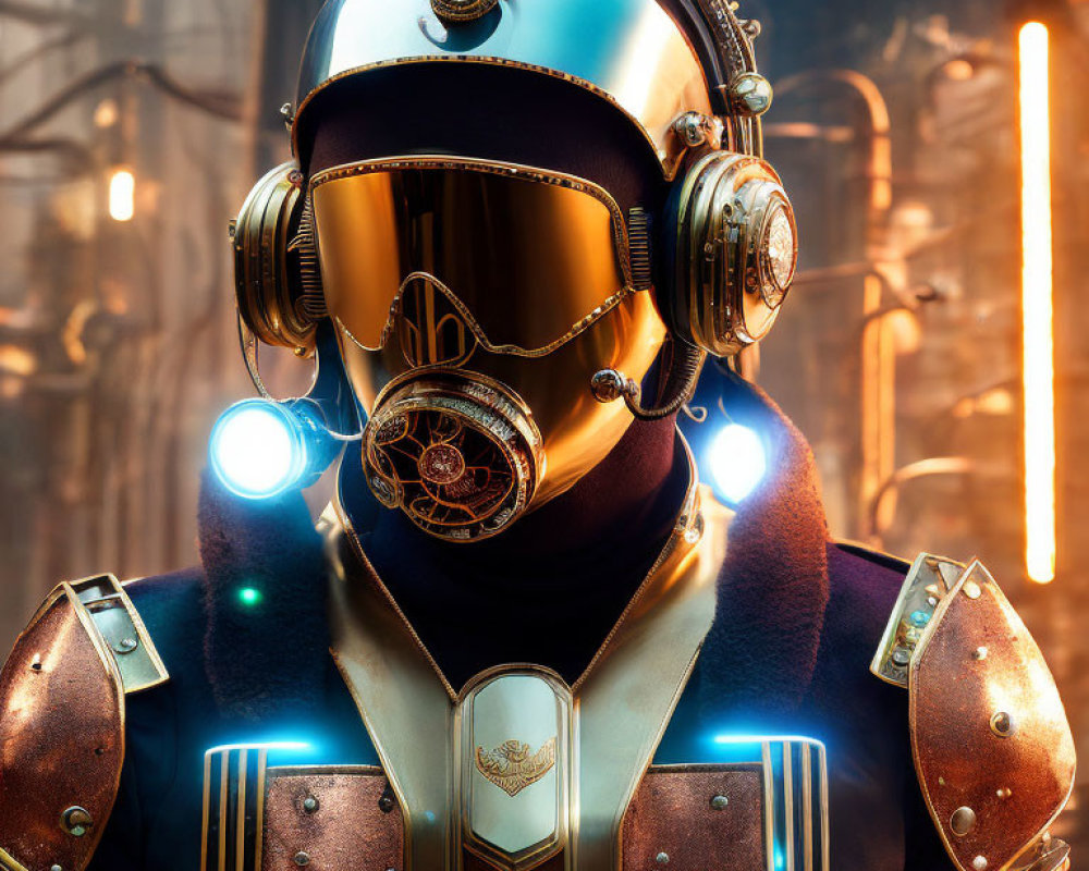 Futuristic knight with golden helmet and glowing blue accents against industrial backdrop