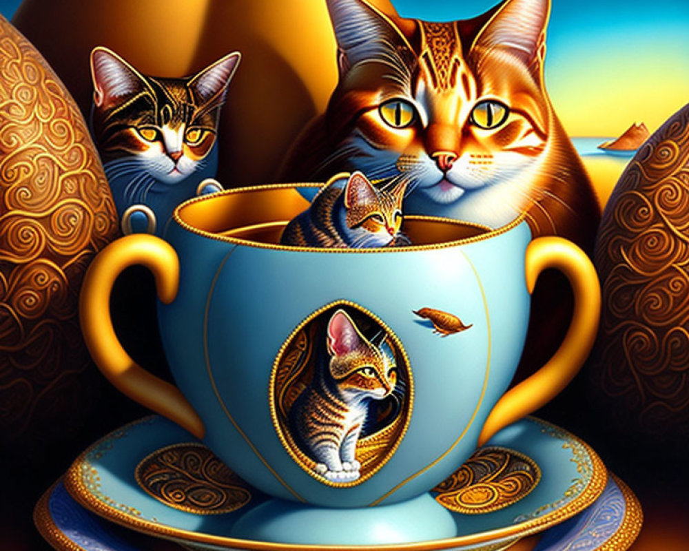 Colorful Stylized Cat Illustration with Cup and Starry Night Background