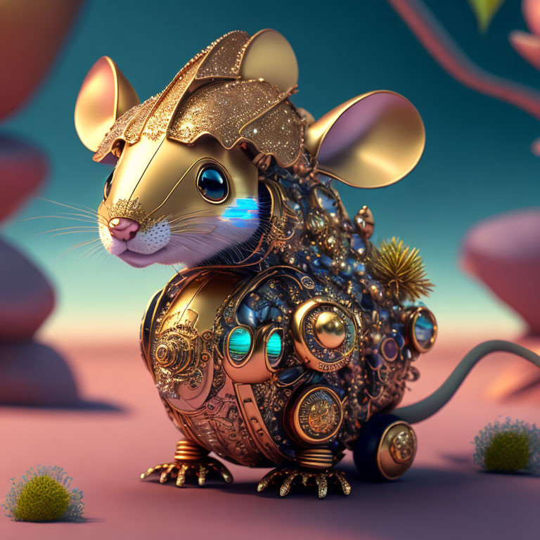 Steampunk-inspired mechanical mouse with intricate gears on soft background