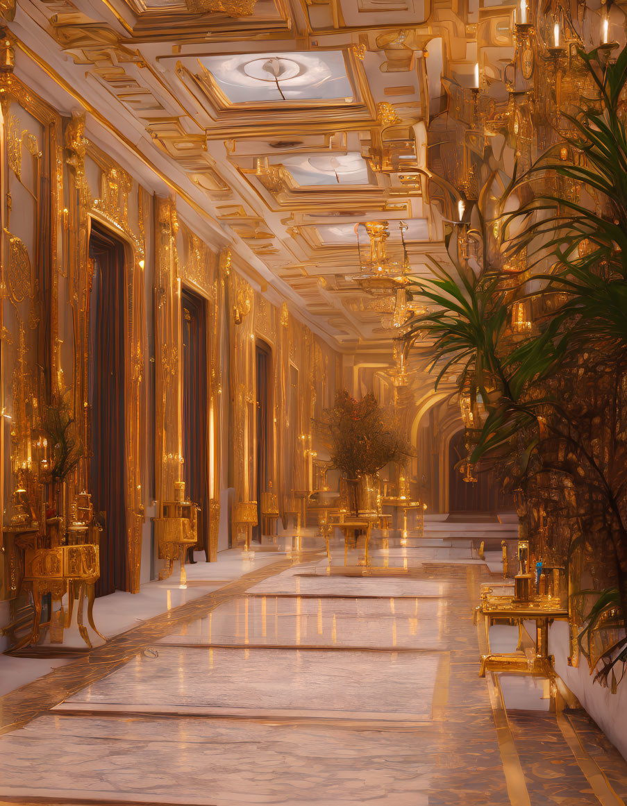 Luxurious Hallway with Marble Floors and Elegant Chandeliers