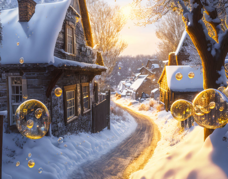 Snow-covered village road at sunset with cozy houses and bare trees.