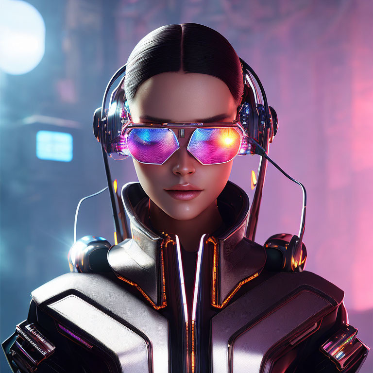 Futuristic female android in reflective sunglasses and headphones on neon-lit background