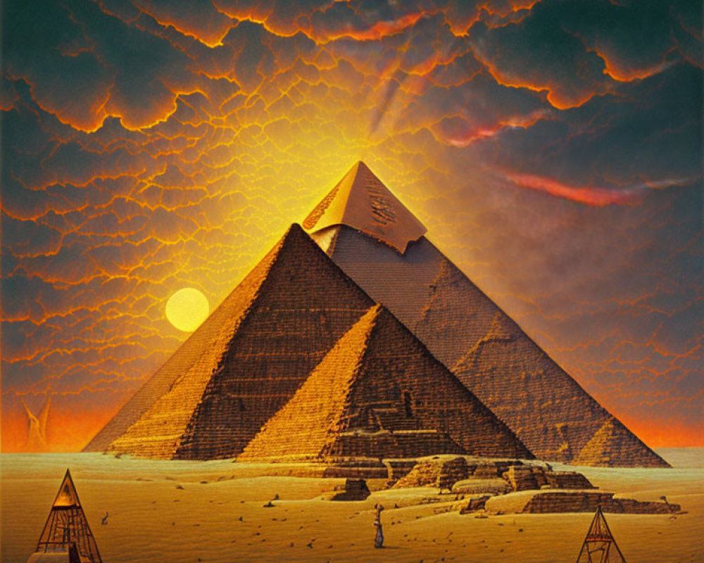 Surreal illustration: Great Pyramid of Giza under orange skies