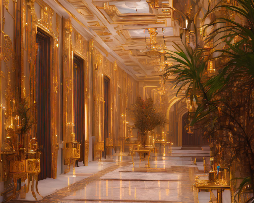 Luxurious Hallway with Marble Floors and Elegant Chandeliers
