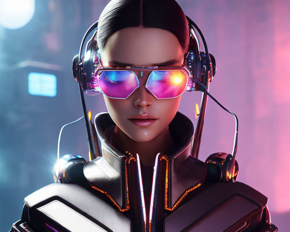 Futuristic female android in reflective sunglasses and headphones on neon-lit background