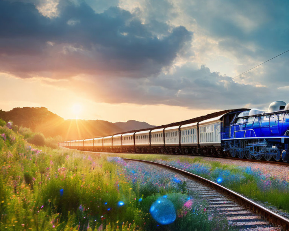 Vintage blue steam locomotive pulling passenger cars through colorful wildflowers at sunset