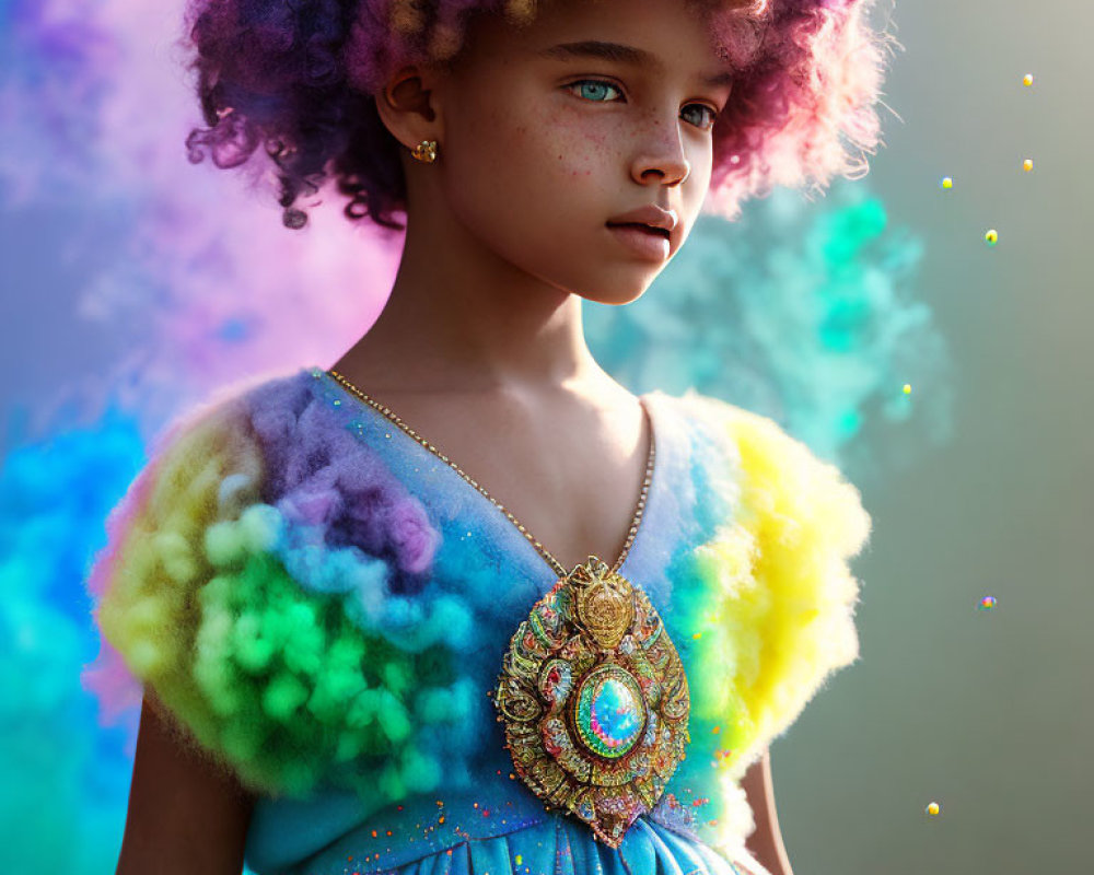 Colorful Curly-Haired Girl in Vibrant Dress with Jeweled Pendant