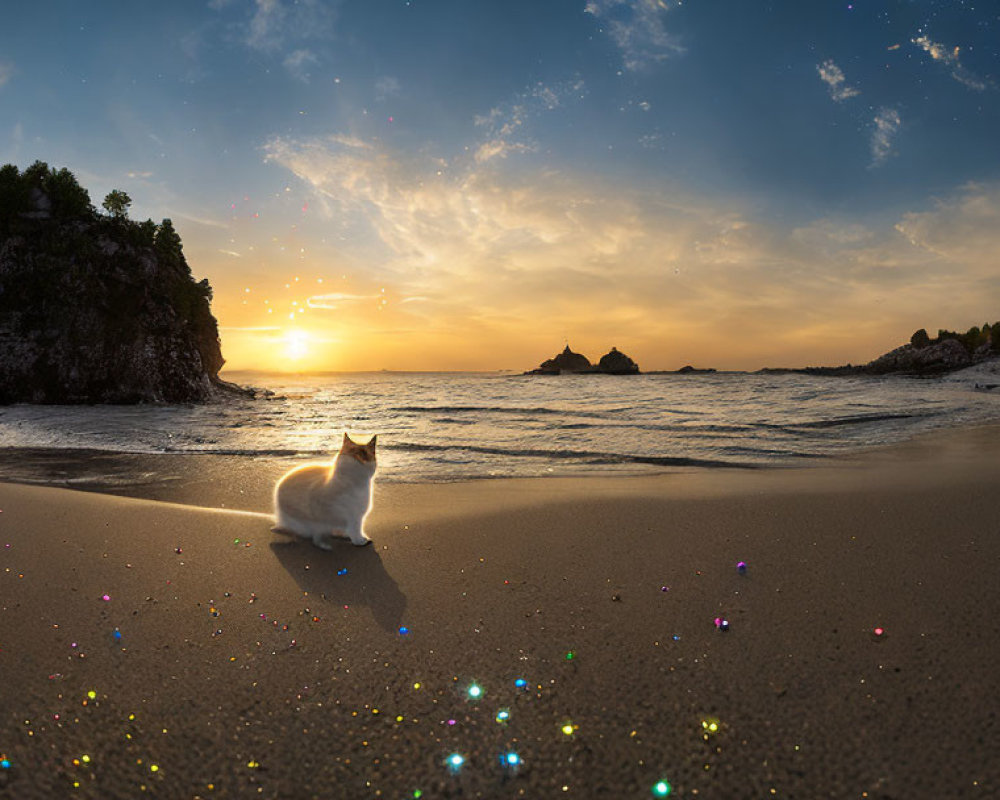 Cat on sandy beach at sunset with glimmering lights, ocean view, cliffs, and starry