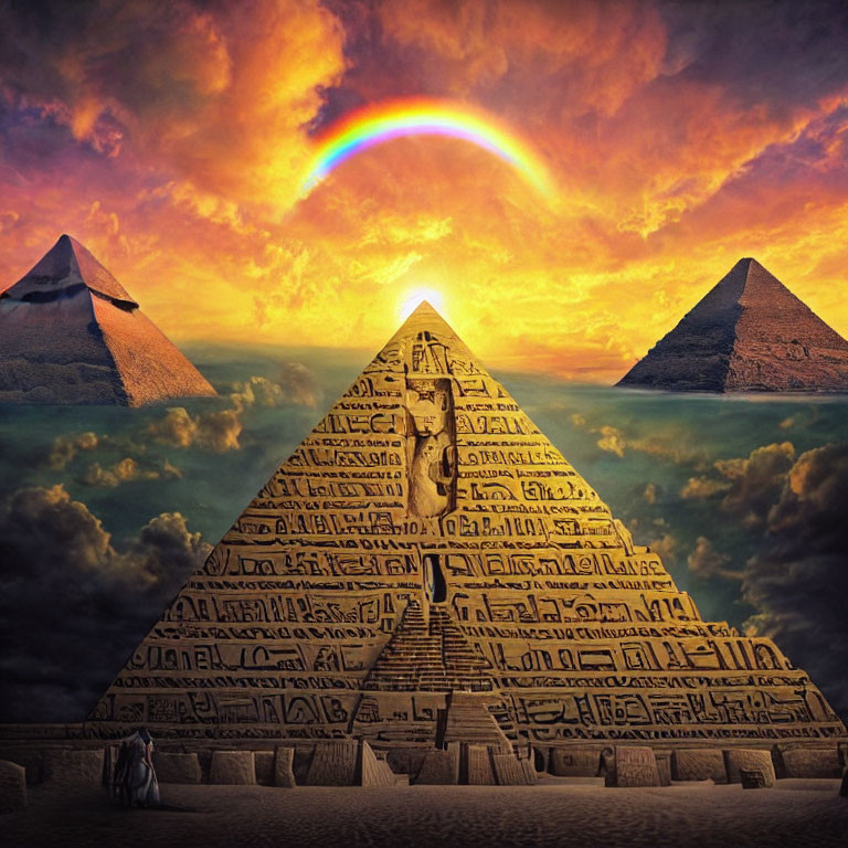 Person standing before detailed hieroglyph pyramid under dramatic sky with rainbow and distant pyramids