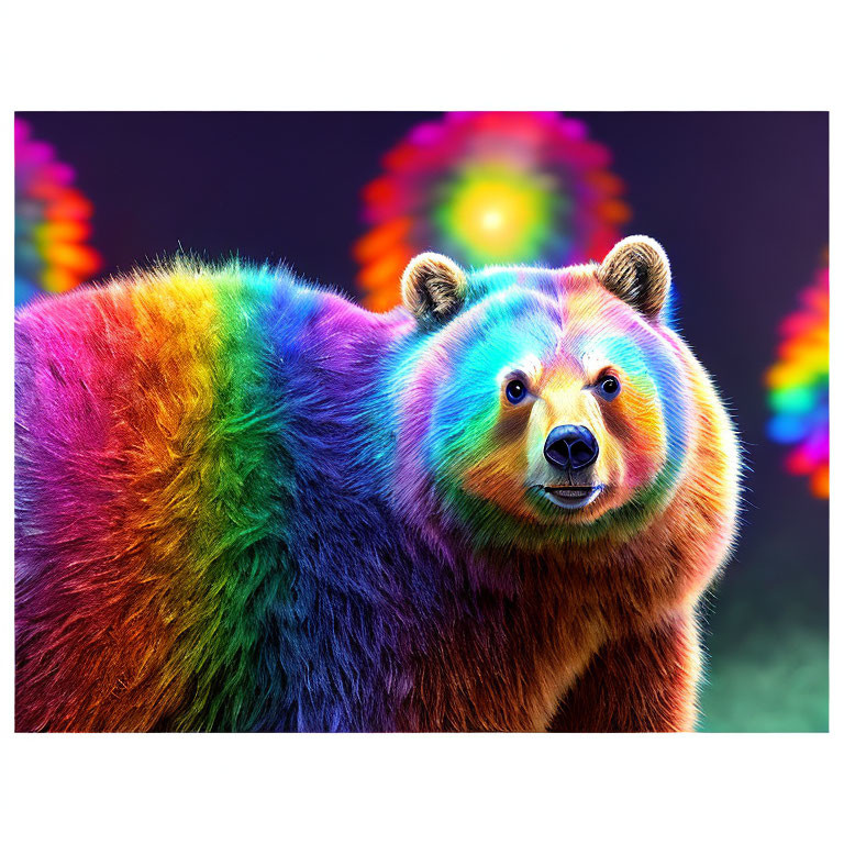 Colorful Bear with Rainbow Fur on Neon Background