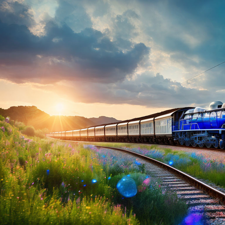 Vintage blue steam locomotive pulling passenger cars through colorful wildflowers at sunset