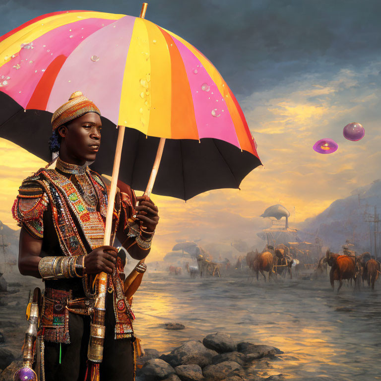 Person in ornate attire with colorful umbrella in surreal landscape.