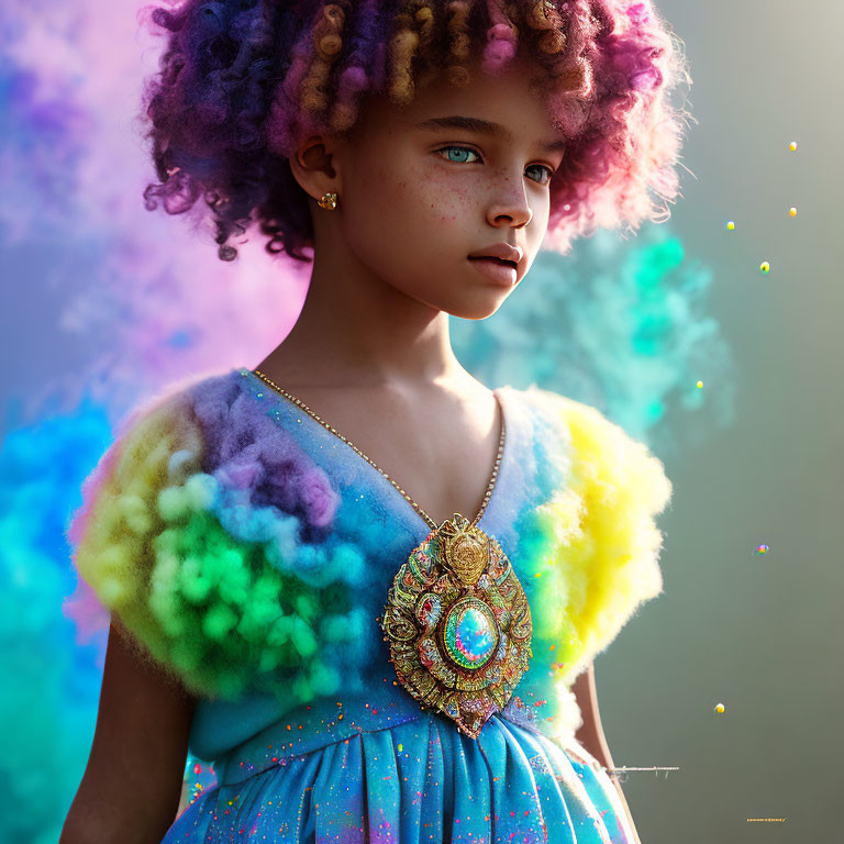 Colorful Curly-Haired Girl in Vibrant Dress with Jeweled Pendant