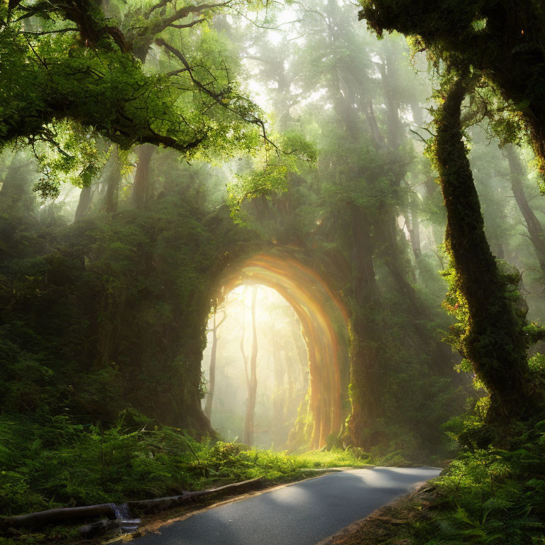 Sunlit forest with arch-shaped tree over road in misty setting