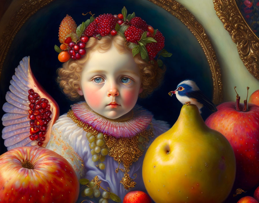 Classical-style painting of child with fruit wreath, apples, pear, and bird depicted in rich