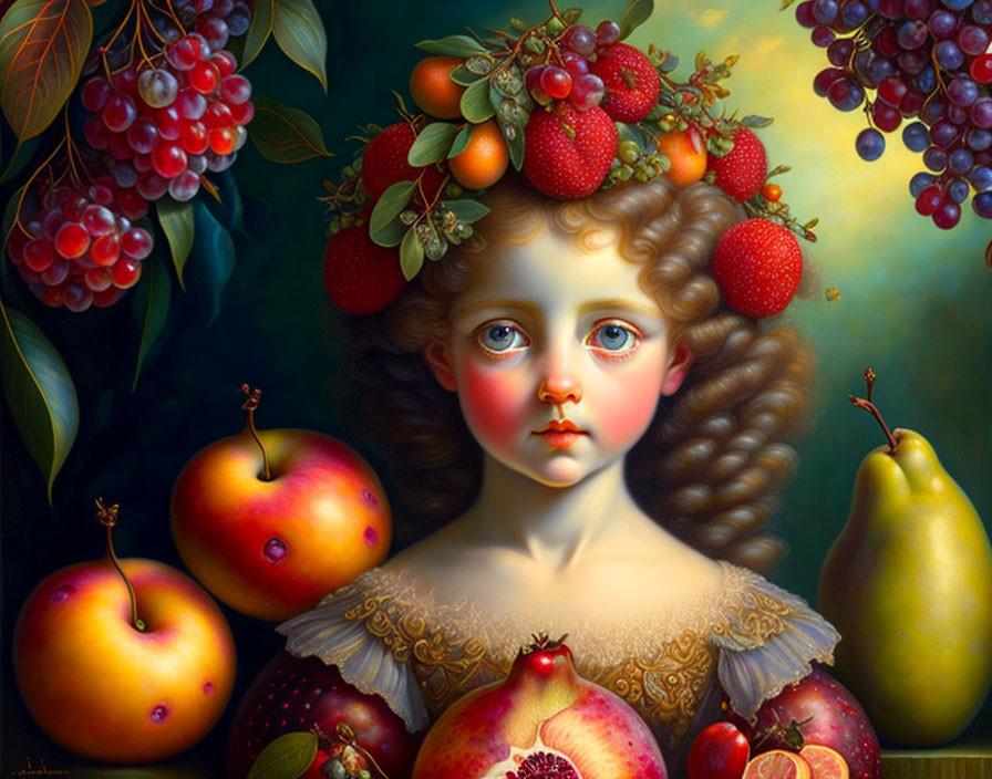 Child's face with fruit crown and lush fruits on dark background