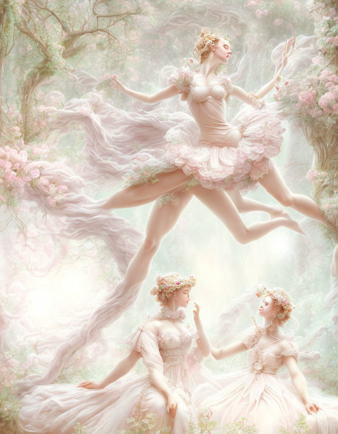 Ethereal women in flowing dresses among pink blossoms