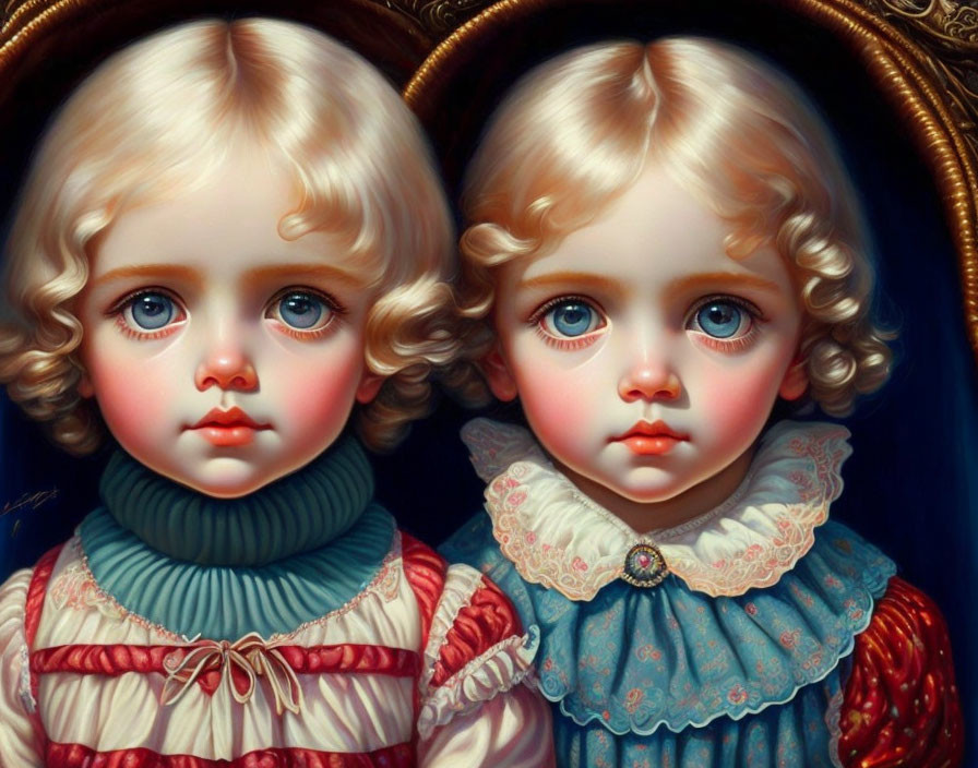 Portrait of young children with blue eyes and blond curls in vintage red and blue attire